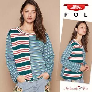 POL Color Block Striped Pattern Round Neck Long Sleeves Relaxed T-Shirt | Green